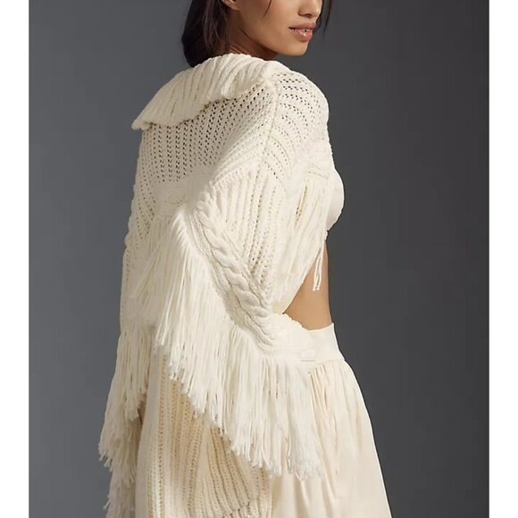 Anthropologie Maeve Fringe Cardigan Womens XS Boho Ivory Cozy Western Cottage - Picture 2 of 8